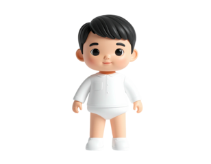A 3D cartoon boy with black hair, dressed in a white shirt and underwear