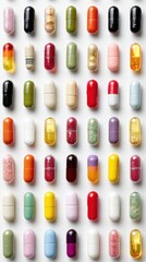 An array of colorful medication capsules arranged in a grid pattern on a white background