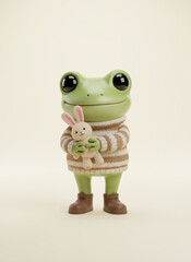 Charming Anthropomorphic Frog Character Embracing Plush Bunny Toy Radiating Innocence and Whimsy on a Neutral Background. Generative AI