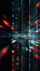 Digital data stream with glowing binary code and abstract light trails in a futuristic cyber space