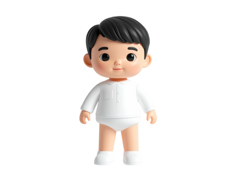 A 3D cartoon boy with black hair, dressed in a white shirt and underwear