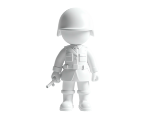 Whimsical, solid white toy soldier figure, standing upright on black background