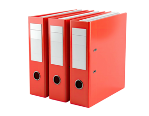 Three red binders stacked, each with a label area, a metal ring, and a spine