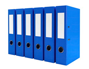 A row of six blue ring binders, labels on their spines, set on a black background