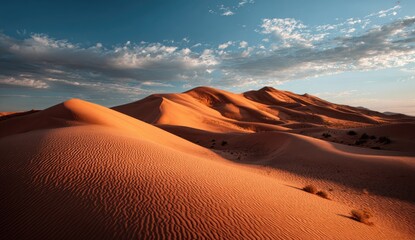 Desert dunes bathed in golden sunlight, dramatic sky