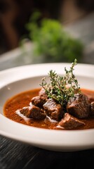 Braised beef stew served in a white bowl with fresh thyme garnish