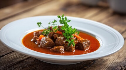 Bowl of beef stew with carrots and parsley garnish on a wooden table