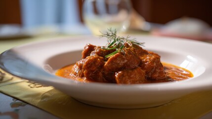 A bowl of rich, saucy stew garnished with fresh herbs, served on a dining table.
