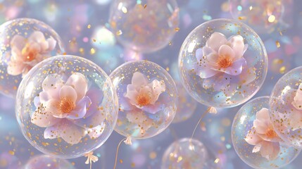 Delicate pink flowers enclosed in transparent bubbles with golden sparkles floating against a soft pastel background