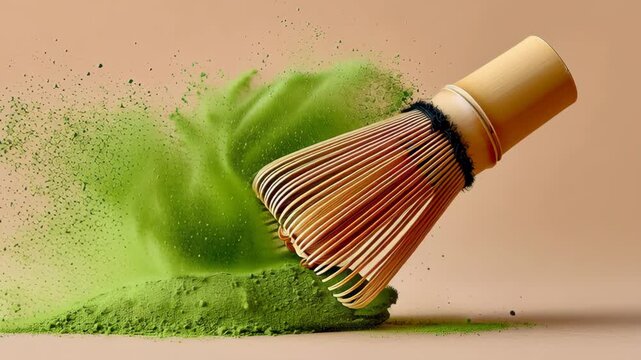 Whisking vibrant green matcha powder in a dynamic motion sequence, showcasing the gradual dispersion of fine particles and the fluidity of the whisk's movement against a soft beige background