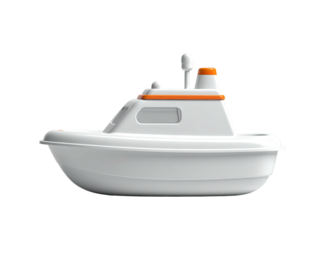 White toy boat with orange accents, side view against a black backdrop
