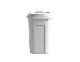 A white, upright trash receptacle with a lid, isolated against a black background
