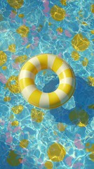 Yellow and white striped inflatable ring floating in a clear blue swimming pool with colorful leaf-like patterns on the bottom.