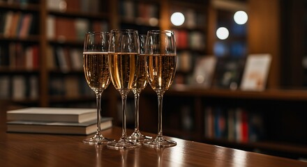 Elegant champagne flutes filled with a light-colored sparkling wine on a bar counter, with a blurred backdrop of a cozy bookshop with warm lighting.