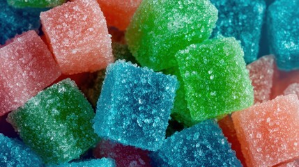 Colorful sugar cubes in various hues including green, blue, pink, and orange, coated with granulated sugar crystals.