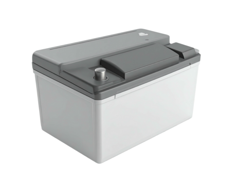 Rectangular, gray-and-white object with a handle and metal terminals