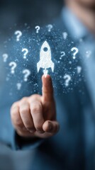 Person pointing at a digital rocket surrounded by question marks, symbolizing innovation and uncertainty in technology