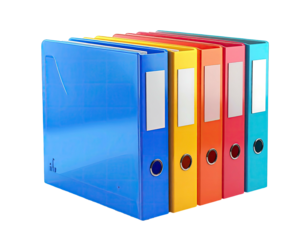 A row of colorful ring binders on a black background, organized and ready