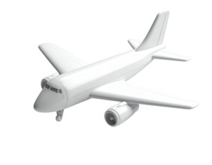 A white, glossy, 3D airplane model, seen from a slightly elevated angle