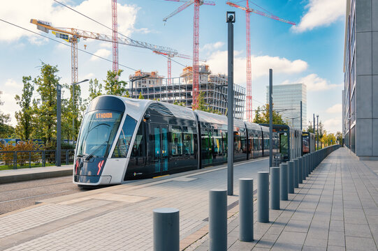 Tram station Luxembourg, free of charge modern transportation, tramway in the city, infrastructure Kirchberg quarter
