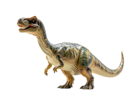 A detailed close-up of a tan and green dinosaur toy, standing proud