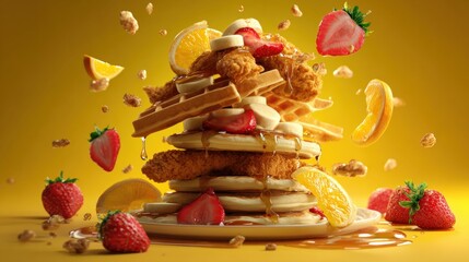Stack of pancakes with fresh fruits and syrup, captured in mid-air motion against a vibrant yellow background