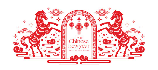 Happy chinese new year - Gold horse zodiac between 2026 number of year and line curve around on red texture background vector design