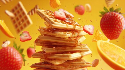 Stack of golden pancakes with syrup, strawberries, and waffles floating in mid-air against a vibrant yellow background