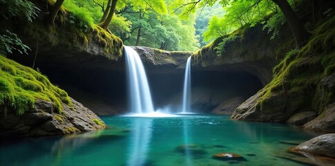 Serene Waterfall Cascading over Mossy Rocks into a Tranquil Pool Peaceful Nature Scene Perfect for Relaxation, Meditation, Spa, Travel, and Wellness Themes