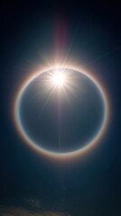 Annular solar eclipse with bright sun ring and radiant corona against dark sky