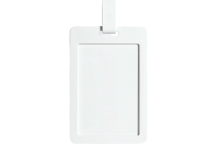 White rectangular plastic luggage tag with a strap, isolated on black