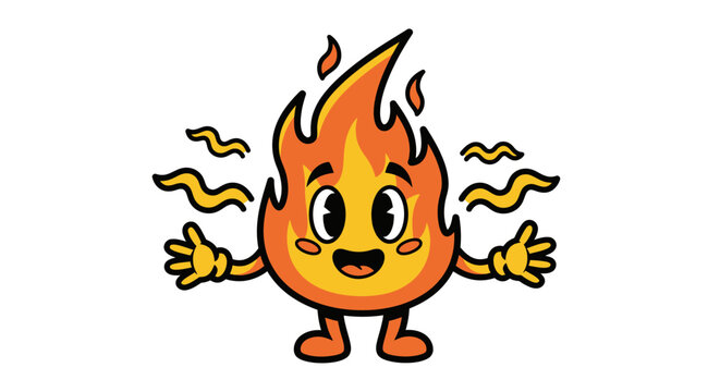 Cute flame character illustration cartoon fire mascot with welcoming gesture and smoke effect