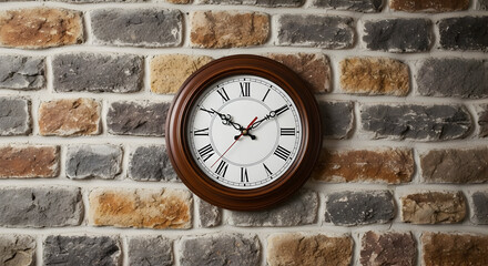 Classic Round Wall Clock with Roman Numerals on Rustic Brick Wall
