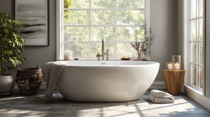 Modern bathroom with freestanding bathtub near large windows, natural light, plants, and candles