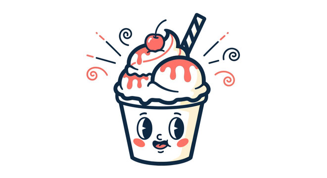 Cute cartoon ice cream sundae with cherry and face expression for dessert design