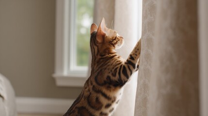 A Bengal cat standing on hind legs, reaching up to a window curtain, looking outside.