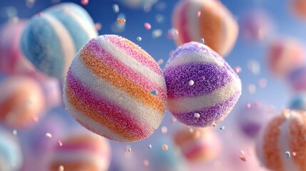 Colorful striped candy spheres floating in a vibrant, sugary atmosphere with sparkling particles