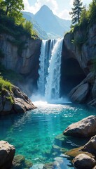 Pristine Mountain Waterfall Sunlight Drenched Cascade of Crystal Clear Water