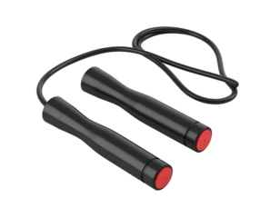 Black jump rope isolated on a black background, handles with red end caps
