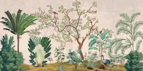 Hand painted wallpaper and fabrics, Mughal Garden, Plam Tree, Tropical Plant, Tropical Wallpaper Mural © Sharif