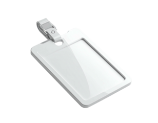 Close-up of a white ID badge with clear window and detachable strap