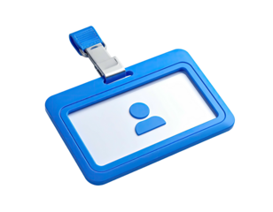 A blue ID badge with a person icon, clipped to a strap on a dark background