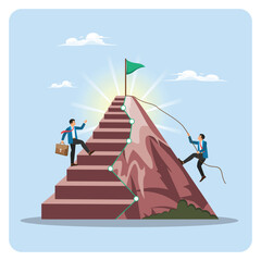Way to reach business goal. Two Professionals Scale a Mountain Staircase Toward a Flag at Summit.