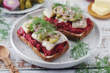 Scandinavian sandwiches with herring and beetroot	