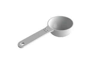 A small, white measuring spoon against a black background