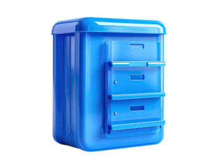 Glossy, 3D rendering of a bright blue file cabinet with drawers