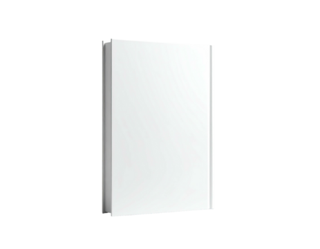 Isolated hardback book stands upright, its spine visible against a stark black backdrop