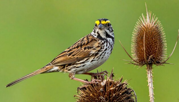 Sparrow perched on a thistle, facing the viewer
