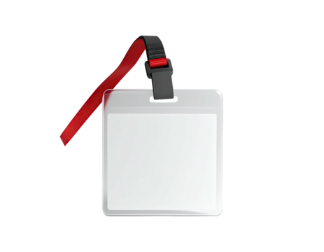 A clear square plastic card holder with a red lanyard against a black background