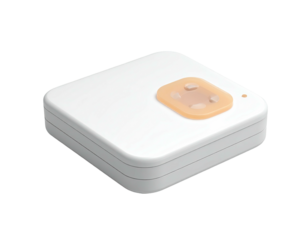 Isometric view of a small, white square electronic device with a beige element
